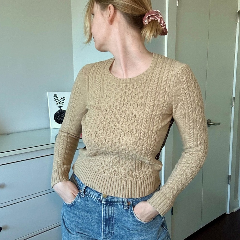 Tory Burch Brown Cable-knit Sweater w/ Cheetah Print Size S